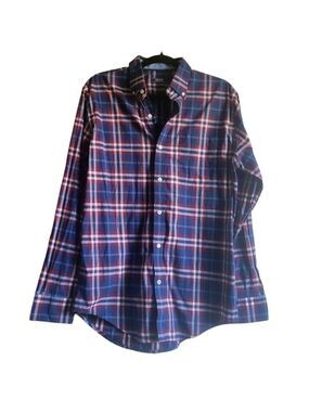 Izod Blue Red White Plaid Cotton Polyester Long Sleeve Button Up Men Size Medium